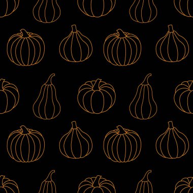 Siyah arka planda turuncu çizgili balkabağı desenli kusursuz desen. Vektör çizimi. Modern arkaplan dekorasyonu, kartlar, afişler, tatil tasarımları, baskılar, ambalajlar, tekstil, kumaşlar, vs..