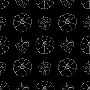 Siyah arka planda beyaz kabak desenli kusursuz desen. Vektör çizimi. Modern arkaplan dekorasyonu, kartlar, afişler, tatil tasarımları, baskılar, ambalajlar, tekstil, kumaşlar, vs..