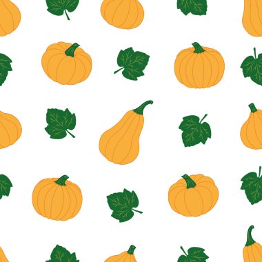 Beyaz arka planda yaprakları olan renkli balkabakları. Kusursuz vektör deseni. Tatil süslemeleri, festival kartları, afişler, ambalajlar, baskılar, kumaşlar, sanat eserleri için sevimli sonbahar çizimleri.