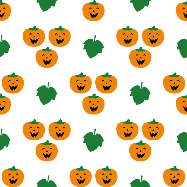Vrolijke pompoenen met bladeren op een witte achtergrond. Naadloos patroon voor Halloween. Leuke vector illustraties voor vakantie decoraties, feestelijke kaarten, banners, wikkels, prints, stoffen, textiel, etc.. — Stockvector