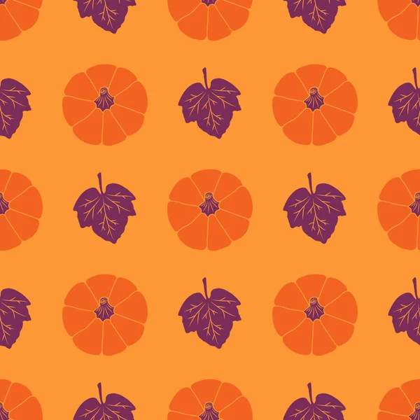 Abóboras coloridas com folhas em um fundo laranja. Padrão vetorial sem emenda. Ilustrações de outono bonito para decorações de férias, cartões festivos, banners, invólucros, impressões, tecidos, têxteis temáticos — Vetor de Stock