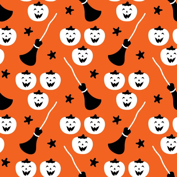 Festliches nahtloses Muster für Halloween. Glückliche Kürbisse mit Besen und Sternen auf orangefarbenem Hintergrund. Nette Vektorillustrationen für Dekorationen, Karten, Banner, Verpackungen, Drucke, Stoffe, Textilien. lizenzfreie Stockvektoren