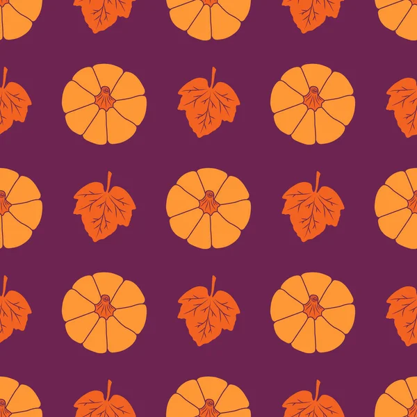 Kleurrijke pompoenen met bladeren op een bordeaux achtergrond. Naadloos vectorpatroon. Leuke herfstillustraties voor vakantiedecoraties, feestelijke kaarten, spandoeken, wikkels, prints, stoffen, moderne textiel. — Stockvector