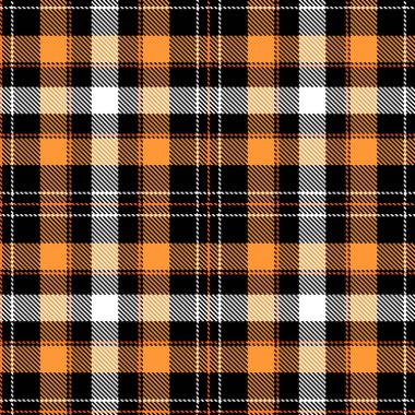 Tartan kumaş deseni. Kareli ekose vektör çizimi. İskoç tarzının kusursuz arka planı duvar kağıtları, tekstil ürünleri, dekorasyonlar, şenlikli ambalajlar için harika. Beyaz, sarı, siyah renkler.