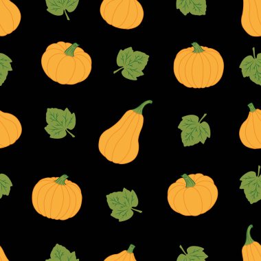 Siyah arka planda yaprakları olan balkabakları. Kusursuz vektör deseni. Tatil süslemeleri, festival kartları, afişler, ambalajlar, baskılar, kumaşlar, tekstil, sanat eserleri için sevimli sonbahar çizimleri