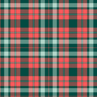 Tartan kumaş deseni. Kareli ekose vektör çizimi. İskoç tarzının kusursuz arka planı duvar kâğıtları, tekstil, dekorasyon, baskılar, şenlikli ambalajlar için harika. Mercan, deniz mavisi, yeşil renkler.