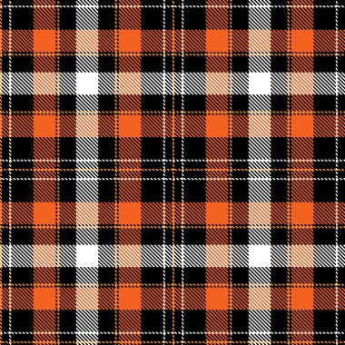 Tartan kumaş deseni. Kareli ekose vektör çizimi. İskoç tarzının kusursuz arka planı duvar kağıtları, tekstil ürünleri, dekorasyonlar, şenlikli ambalajlar için harika. Turuncu, beyaz, siyah renkler