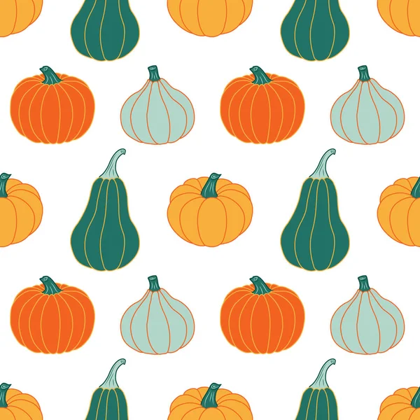 Kleurrijke Pompoenen Een Witte Achtergrond Naadloos Vectorpatroon Herfst Illustraties Voor — Stockvector