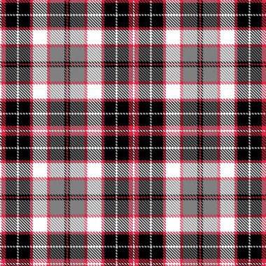 Tartan kumaş deseni. Kareli ekose vektör çizimi. İskoç tarzının kusursuz arka planı duvar kağıtları, tekstil, dekorasyon ve ambalajlar için harikadır. Beyaz, siyah ve kırmızı renkler