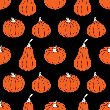 Siyah arka planda turuncu balkabakları. Kusursuz vektör deseni. Tatil süslemeleri, kartpostallar, afişler, hediye paketleme kağıtları, modern baskılar, parlak kumaşlar ve tekstil için sonbahar çizimleri.