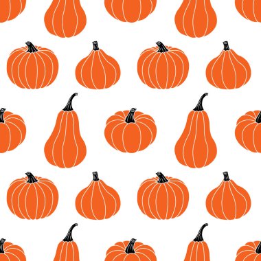 Beyaz arka planda turuncu balkabakları. Kusursuz vektör deseni. Tatil süslemeleri, kartpostallar, afişler, hediye ambalaj kağıtları, modern baskılar, parlak kumaşlar ve tekstil için güzel sonbahar çizimleri.