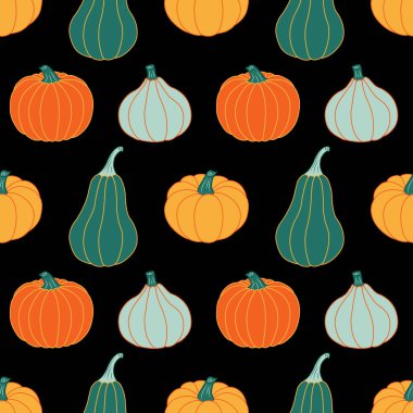 Siyah arka planda renkli balkabakları. Kusursuz vektör deseni. Tatil süsleri, kartpostallar, afişler, bayram ambalaj kağıtları, modern baskılar, parlak kumaşlar ve tekstil için sonbahar çizimleri