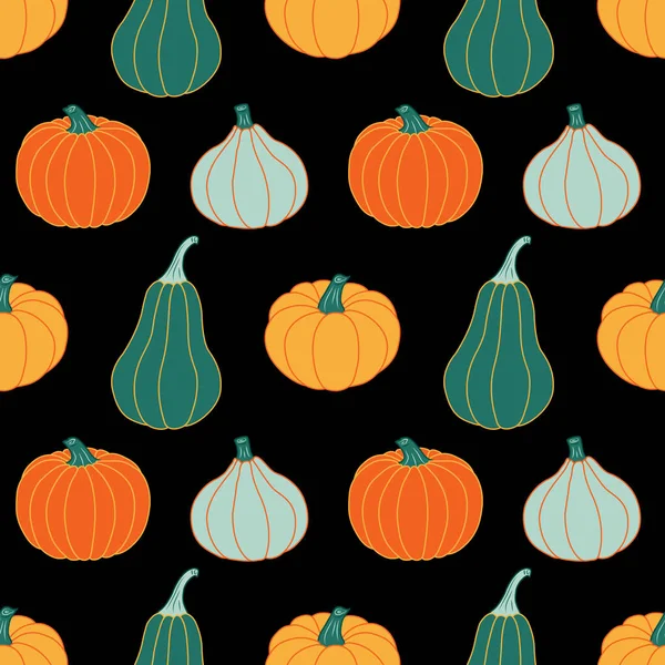 Kleurrijke Pompoenen Een Zwarte Achtergrond Naadloos Vectorpatroon Herfst Illustraties Voor — Stockvector