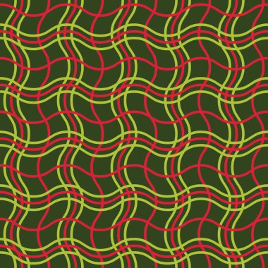 Kusursuz vektör soyut şablon arkaplanı. Koyu yeşil arka planda kırmızı ve yeşil dalgalı çizgiler. Tatil tasarımları, Noel kartları, ambalaj kağıtları, tekstil, kumaşlar, baskılar, internet için harika.