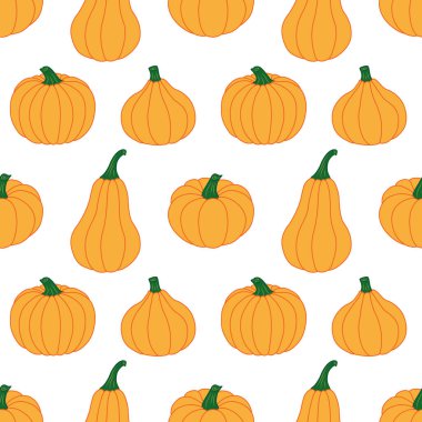 Beyaz arka planda sarı turuncu balkabakları. Kusursuz vektör deseni. Tatil süsleri, kartlar, afişler, hediye ambalajları, modern baskılar, canlı kumaşlar ve tekstil için sonbahar çizimleri