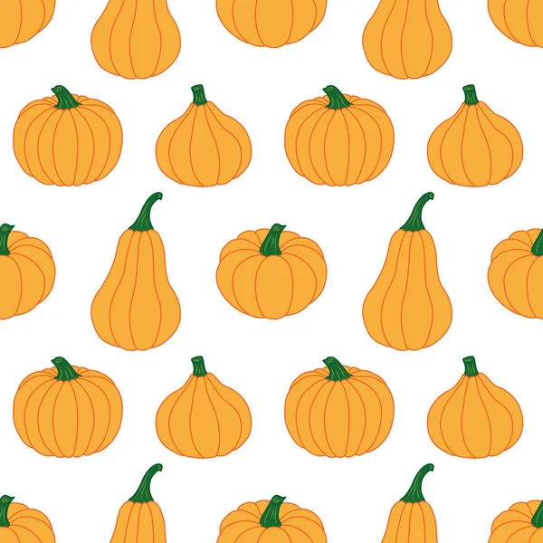 Geel Oranje Pompoenen Een Witte Achtergrond Naadloos Vectorpatroon Herfst Illustraties — Stockvector