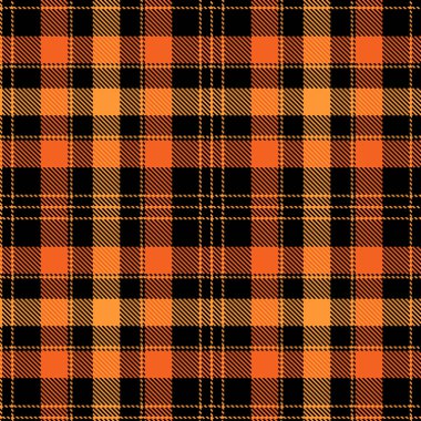 Tartan kumaş deseni. Kareli ekose vektör çizimi. İskoç tarzının kusursuz arka planı duvar kağıtları, tekstil ürünleri, dekorasyonlar, şenlikli ambalajlar için harika. Turuncu renkler ve siyah renkler