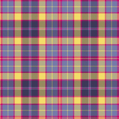 Tartan kumaş deseni. Kareli ekose vektör çizimi. İskoç tarzının kusursuz arka planı duvar kağıtları, tekstil, dekorasyon ve ambalajlar için harikadır. Menekşe, leylak, sarı ve pembe renkler.