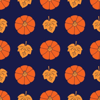 Koyu mavi arka planda balkabakları ve yapraklar. Kusursuz vektör deseni. Yaratıcı dekorasyonlar, kartpostallar, afişler, hediye kağıtları, modern baskılar, kumaşlar, tekstil için sonbahar çizimleri. Üst görünüm