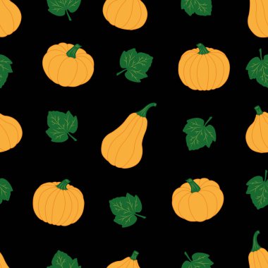 Siyah arka planda yaprakları olan balkabakları. Kusursuz vektör deseni. Tatil süslemeleri, festival kartları, afişler, ambalajlar, baskılar, kumaşlar, tekstil, sanat eserleri için sevimli sonbahar çizimleri