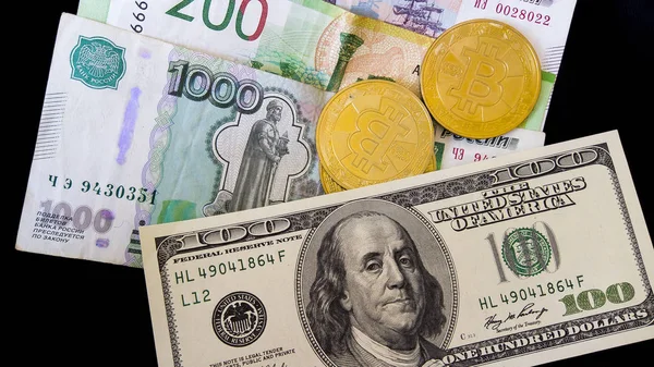 Virtual Money Golden Bitcoin Hundred Dollar Russian Rubles — Stock Photo, Image