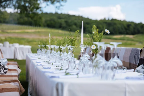 Beautiful decorated table with white tablecloth, plated, cutlery and wine glasses standing among green nature. Banquet setting with candles and flowers in vase.