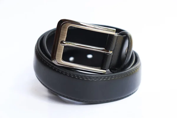 Men's stylish black leather belt on isolated white background — Stock Photo, Image