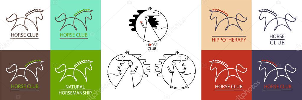 Logo set with horse in many variations: white, brown, green, red and violet background. Creative minimalistic line art style. Horse's mane with hearts. Design for horse or ridding club, hippotherapy