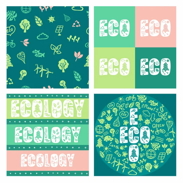 Ładny Zestaw Rysowania Elementami Dekoracyjnymi Ekologicznymi Recykling Panele Słoneczne Liść — Wektor stockowy