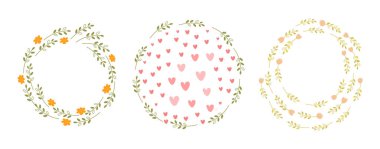 Sarı, pembe çiçekler ve güzel yeşil çubuklarla süslü sevimli şablon seti. Beyaz arkaplanda izole edilmiş daire biçimi kenarlıkları güzel bir pastel palet koleksiyonu.