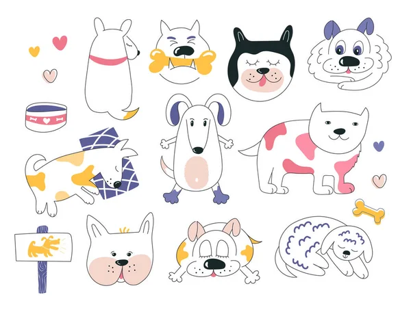 Farklı köpekleri olan komik bir set. Çizgi sanat köpekleri koleksiyonu beyaza izole edilmiş. Sevimli evcil hayvanlar uyuyor, rüya görüyor, gülümsüyor. Çocuklar güzel köpek yüzleri ve nesneler yapar. Sevimli hayvanlar.