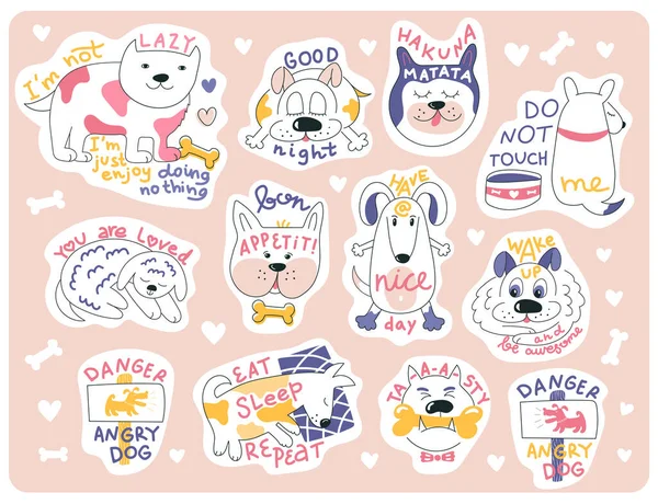 Наклейки Встановлені Різними Породами Собак Кумедними Фразами Колекція Собак Ізольована — стоковий вектор