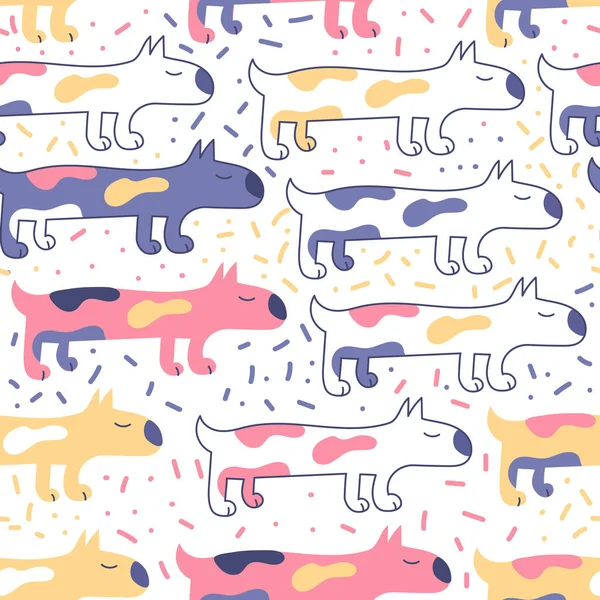 Płynny Wzór Białym Kolorowymi Dachshundami Plamce Piękne Wielobarwne Długie Psy — Wektor stockowy