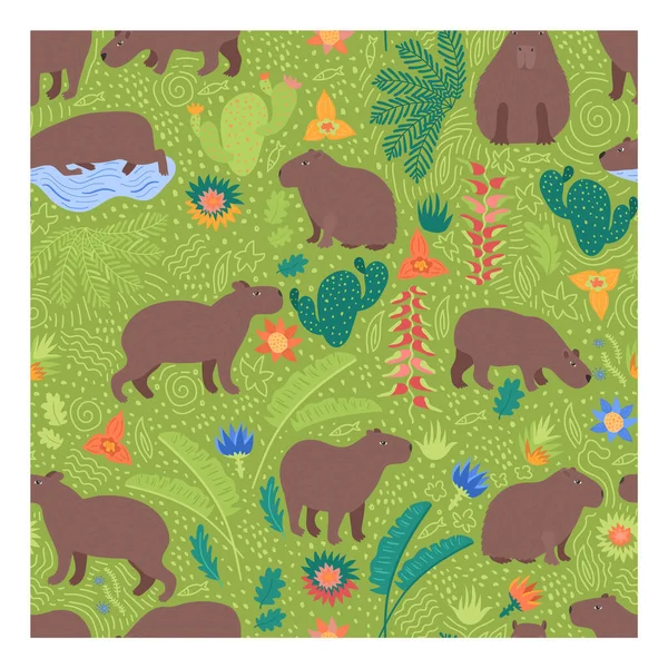 Mignon Motif Seamleaa Sur Vert Avec Capybaras Pâturage Dans Prairie — Image vectorielle