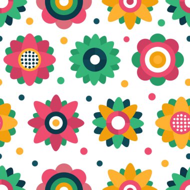 Çocuklar, tekrarlanan geometrik çiçeklerle modern desenleri farklı renklerde yaparlar. Beyaz arka planda çiçek süsleri. Şirin pembe, sarı ve yeşil arkaplan.