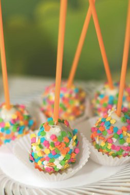 bir tabak üzerinde renkli sprinkles ile bir sopa üzerinde yuvarlak kek