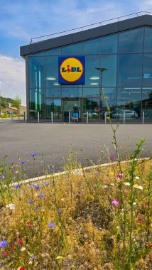 Ön planda çiçekler olan bir süpermarket Lidl 'in modern cam cephesi. 16 Haziran 2025. Soulac sur Mer, Aquitaine, Fransa.