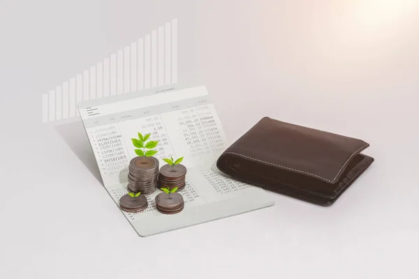 Stack Coins Little Tree Wallet Account Book Bank Table Saving — Stock Photo, Image