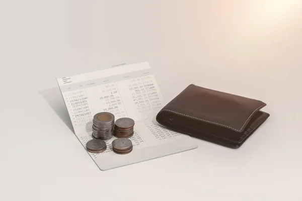 Stack Coins Wallet Account Book Bank Table Saving Banking Finance — Stock Photo, Image