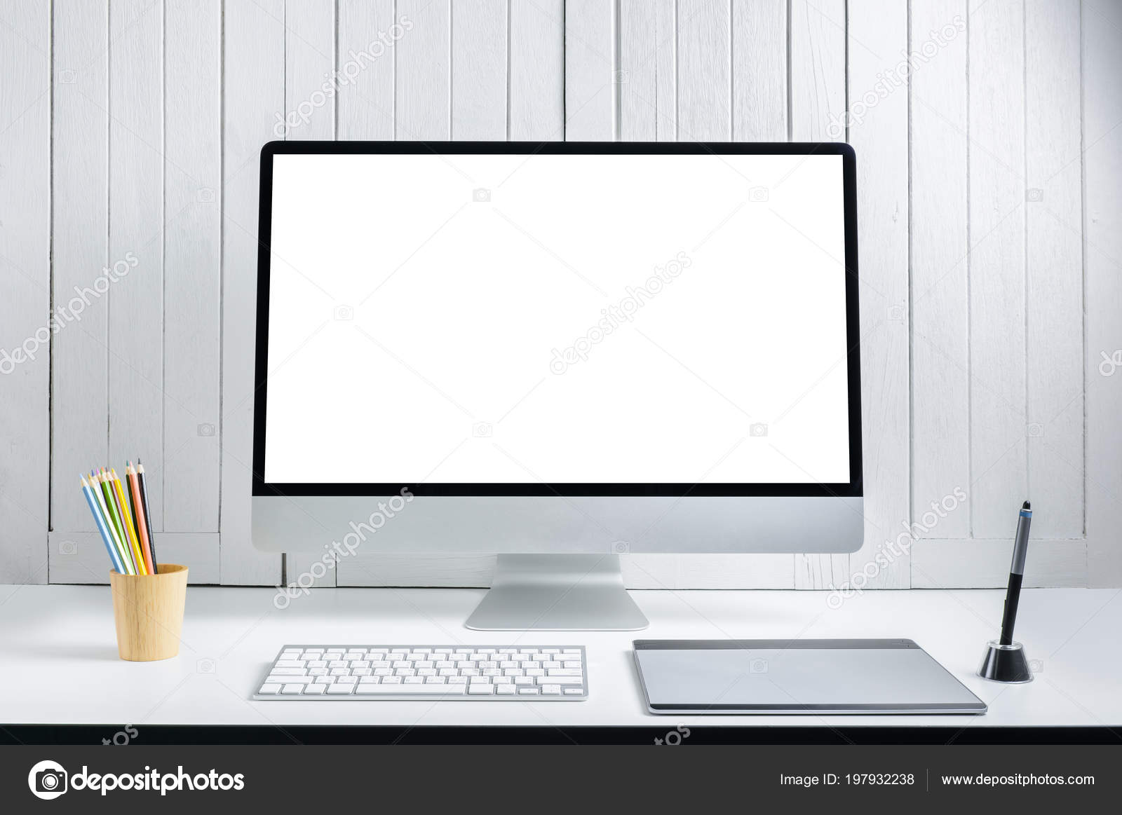 Workplace Background Designers Blank White Screen Modern Desktop Computer  Keyboard Stock Photo by ©sirastockid08 197932238