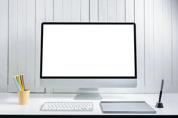 Çalışma Alanı Arka Plan Boş Beyaz Ekran Modern Masaüstü Bilgisayar — Stok fotoğraf