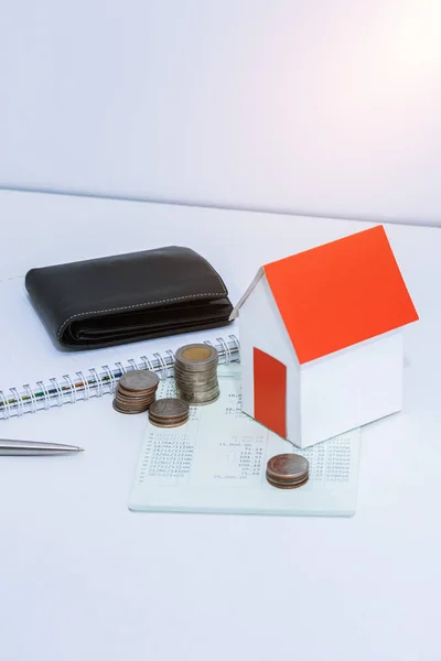 Saving Account Passbook Financial Statement Paper House Model Coins Office — Stock Photo, Image