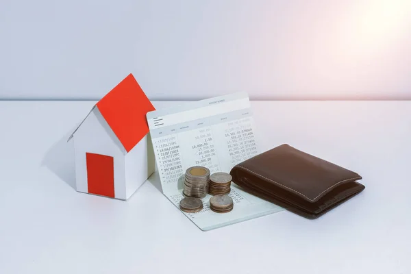 Saving Account Passbook Financial Statement Paper House Model Coins Office — Stock Photo, Image
