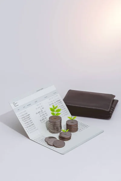 Stack Coins Little Tree Wallet Account Book Bank Table Saving — Stock Photo, Image