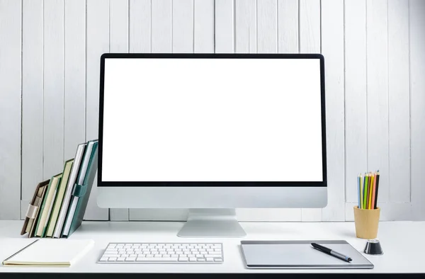 Workplace Background Designers Blank White Screen Modern Desktop Computer Keyboard — Stock Photo, Image