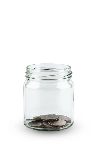 Glasgefäße Mit Münzen Isoliert Auf Weißem Hintergrund Mit Clip Pfad — Stockfoto