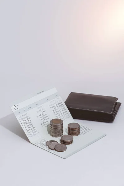 Stack Coins Wallet Account Book Bank Table Saving Banking Finance — Stock Photo, Image