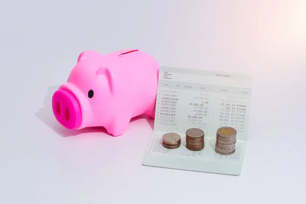 Stack Coins Piggy Bank Account Book Bank Table Saving Banking — Stock Photo, Image