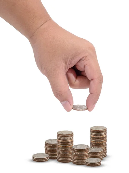Conceito Poupança Dinheiro Predefinido Pela Mão Masculina Segurando Dinheiro Moeda — Fotografia de Stock