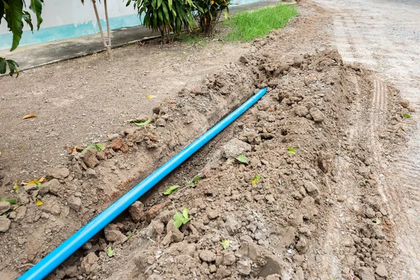 Wasserleitungen Verlegen Baustelle Wohngebiet — Stockfoto